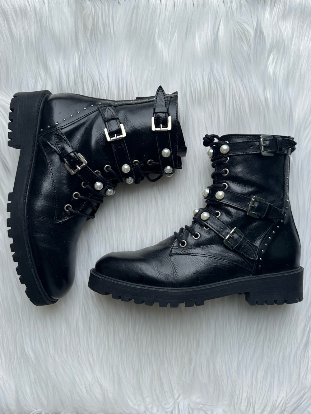 Zara Leather Black Pearl Studded Combat Boots